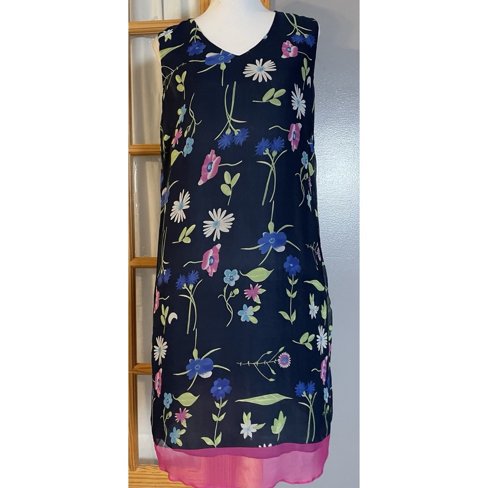 Bridgetown Collection Silk Floral Dress Sz L Navy Pink Sleeveless Boho Cottage